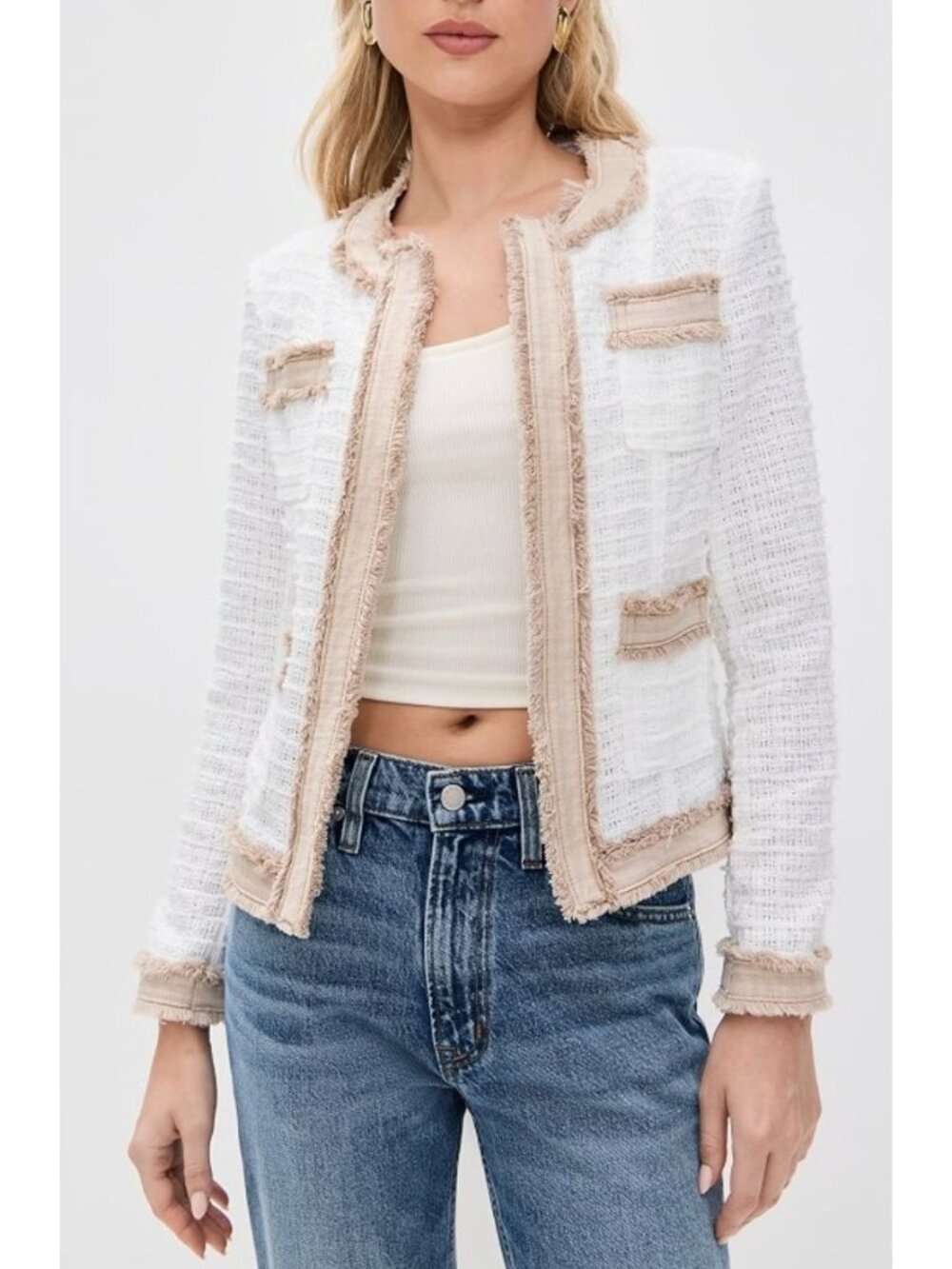 NWT L'AGENCE Agnes Tweed Denim Jacket Blazer Blanc/Biscuit Size Small